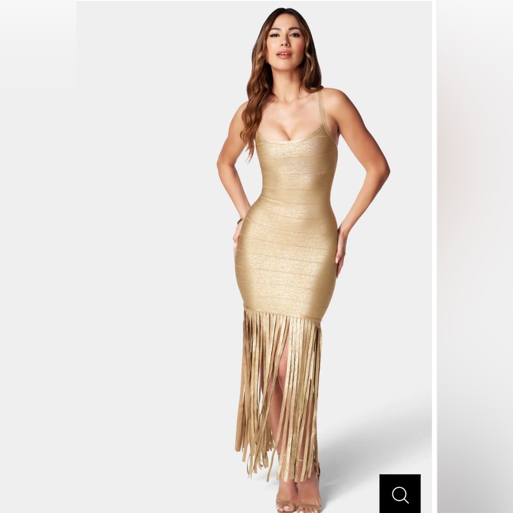 Bebe Gold Fringe Bodycon Dress